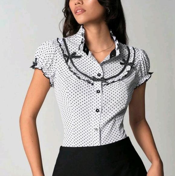 Tops - Women's Bow Decor Polka Dot Puff Sleeve Blouse